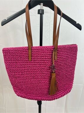Ralph Lauren Crochet Straw Whitney Tote Bag Pink